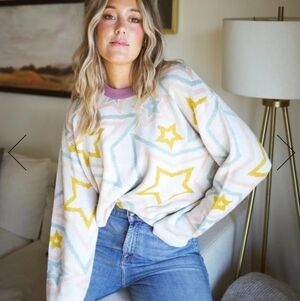 NWT Splendid Ziggy Star Oversized Crewneck Sweater White Blue Yellow Size Small